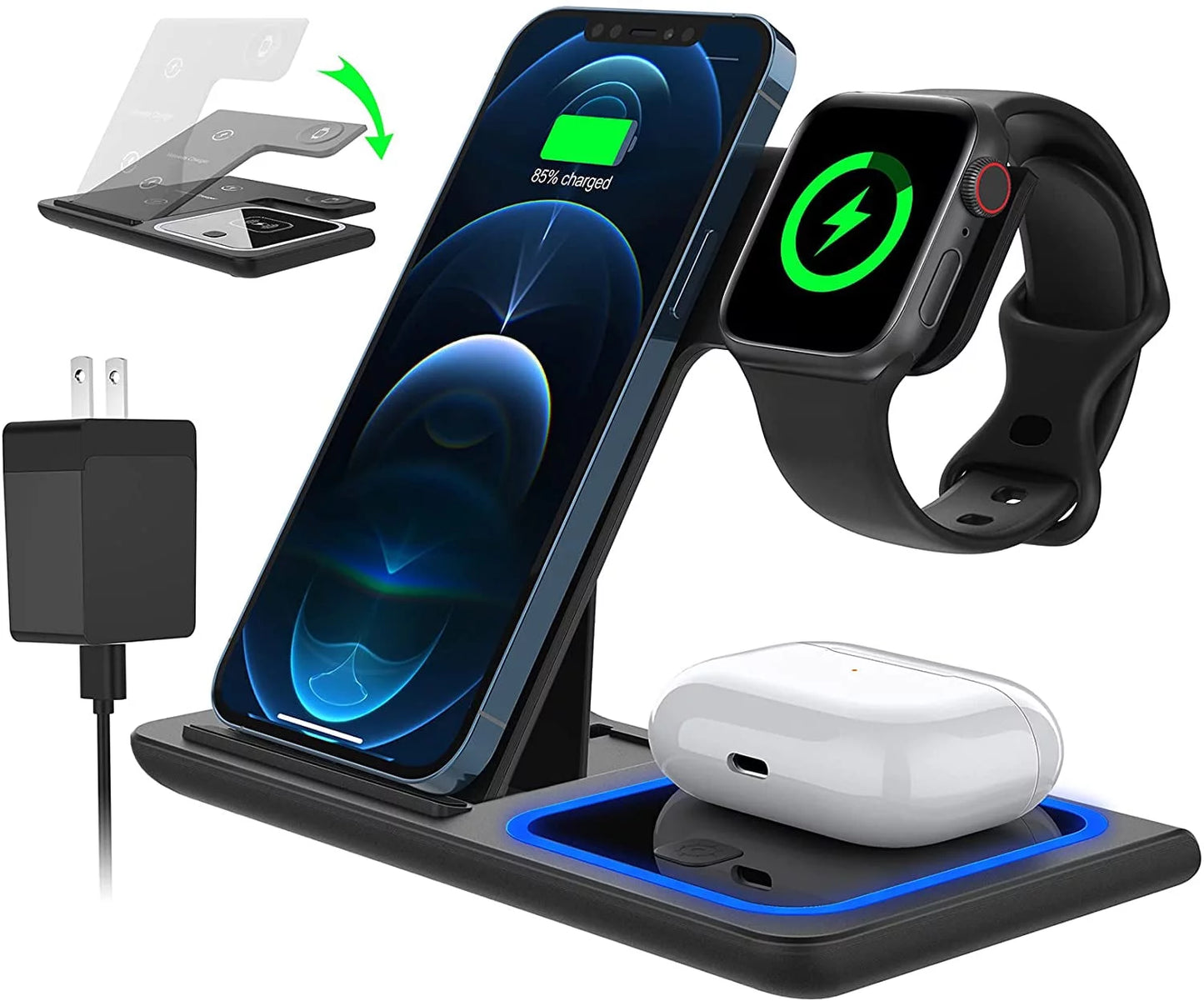 3 in 1 Wireless Charger, 18W Fast Charging Station for Iphone 15/14/13/12 /11/Pro Max/12 Pro /Xr,Wireless Charging Stand for Iwatch Series SE 9/8/7/6/5/4/3, Airpods Pro/3/2 (With QC3.0 Adapter)